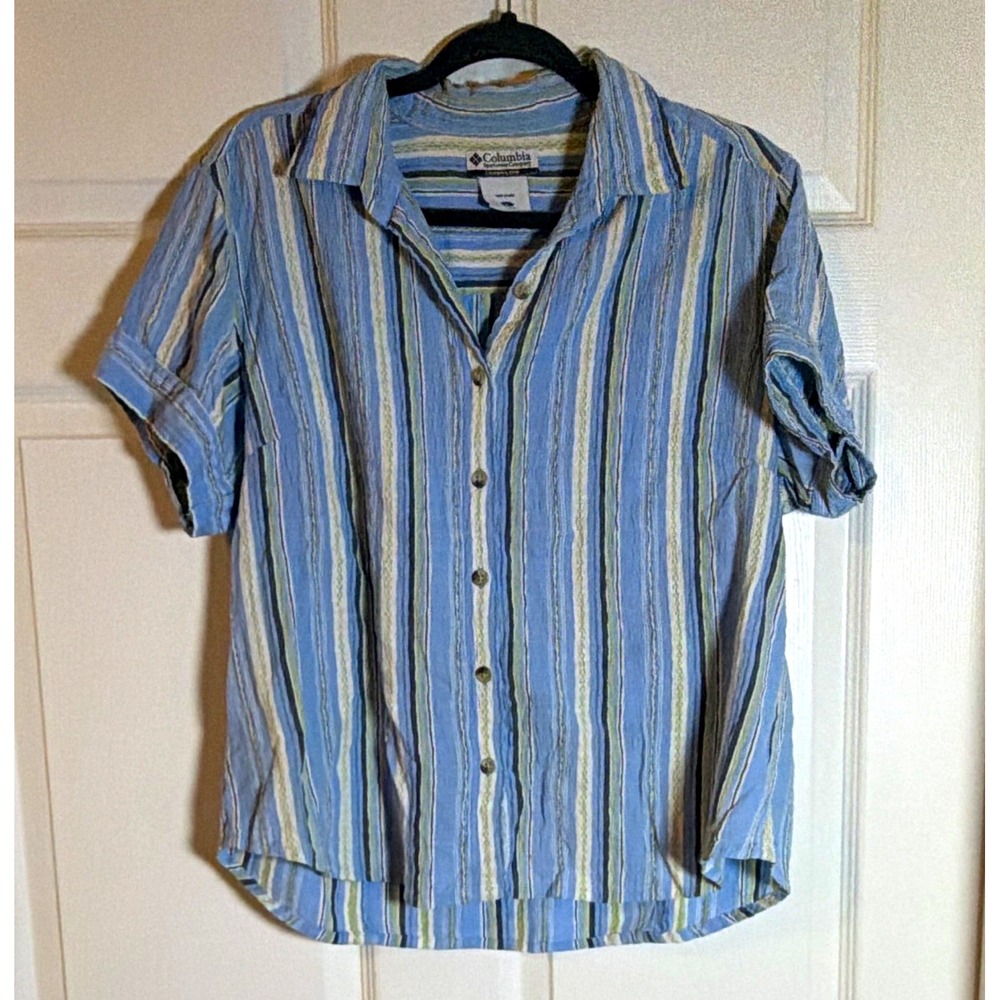 Columbia Women's L Blue Green White Striped Short Sleeve Button-Up Shirt